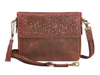 Gun Tote'n Mamas Distressed Buffalo Leather Shoulder Clutch in Red has hammered multi-colored rivets